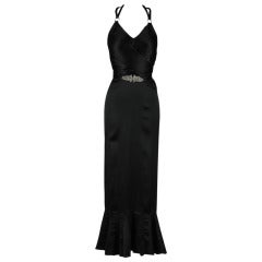 Vintage 1930's Black Silk Rhinestone Trim Bias Cut Dress