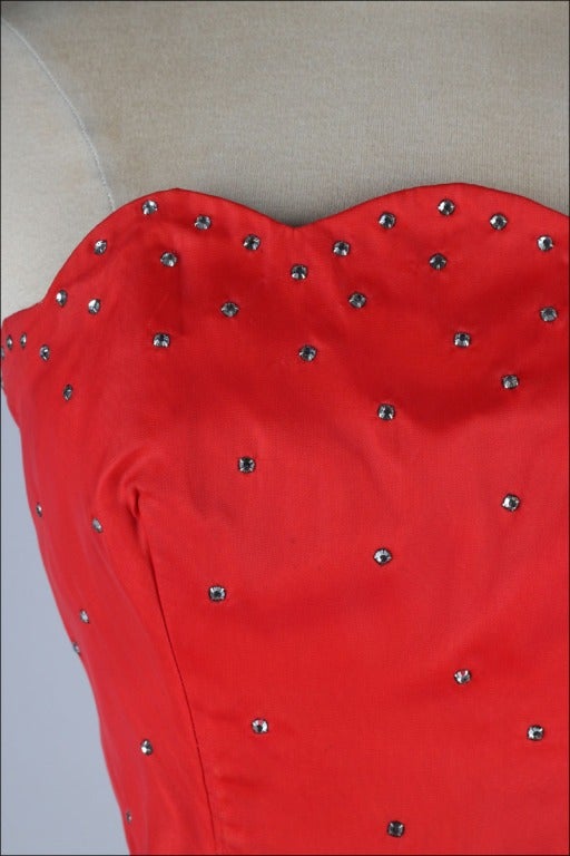 Vintage 1950's Emma Domb Red Chiffon Rhinestone Dress In Good Condition In Hudson on the Saint Croix, WI