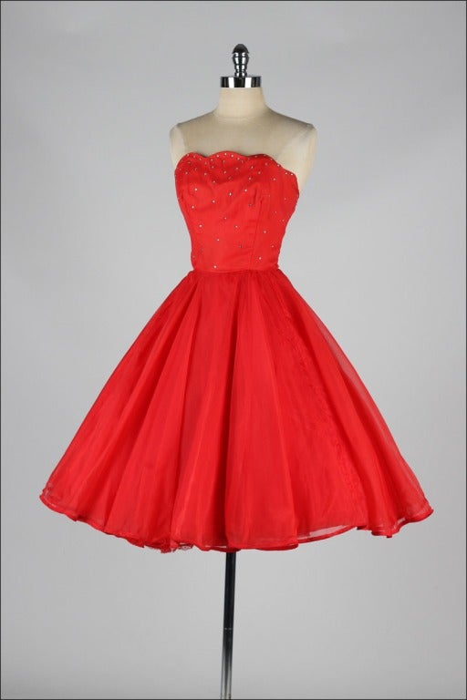 Vintage 1950's Emma Domb Red Chiffon Rhinestone Dress 1
