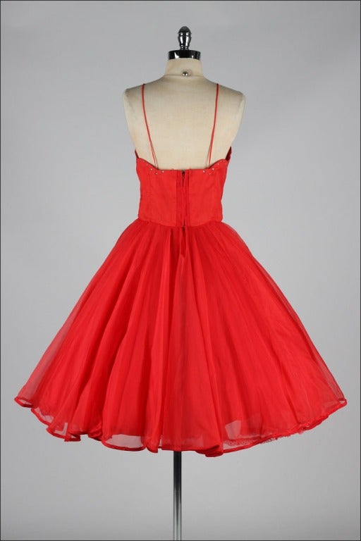Vintage 1950's Emma Domb Red Chiffon Rhinestone Dress 2