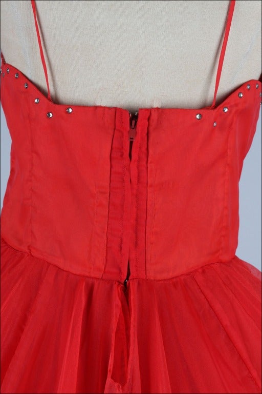Vintage 1950's Emma Domb Red Chiffon Rhinestone Dress 3
