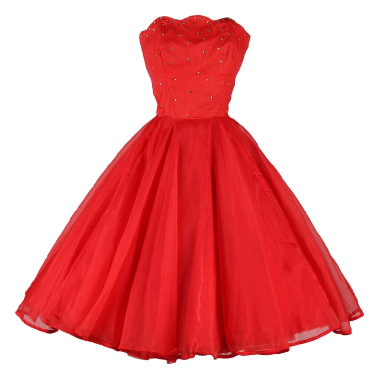 Vintage 1950's Emma Domb Red Chiffon Rhinestone Dress