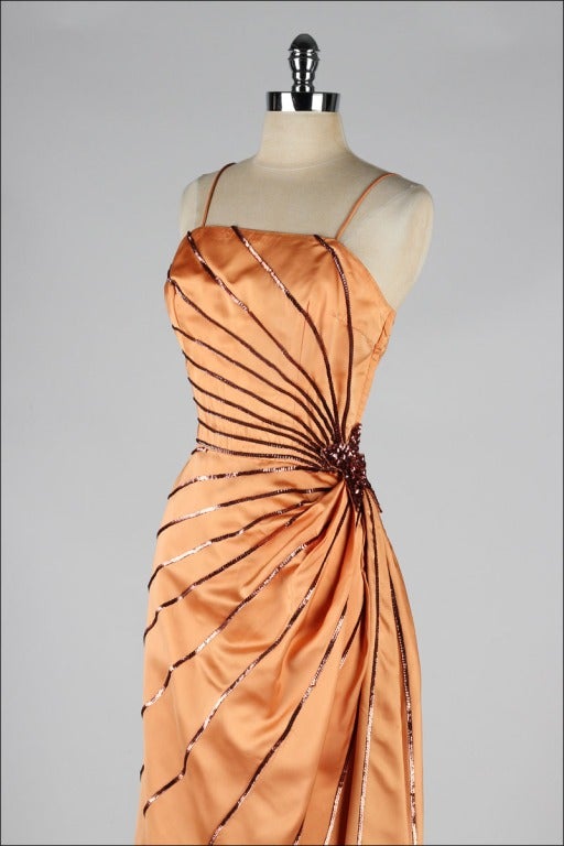 Women's Vintage 1950's Emma Domb Copper Satin Sequins Starburst Dress