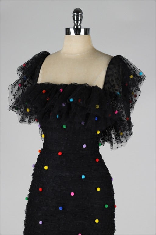 Women's Vintage 1980's Victor Costa Tulle Pom Pom Mini Dress
