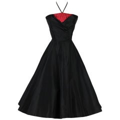 Vintage 1950's Black Taffeta Red Rhinestone Flowers Cocktail Dress