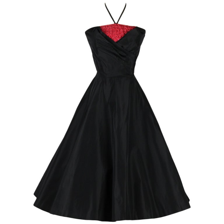 Vintage 1950's Black Taffeta Red Rhinestone Flowers Cocktail Dress