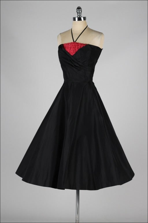 Women's Vintage 1950's Black Taffeta Red Rhinestone Flowers Cocktail Dress