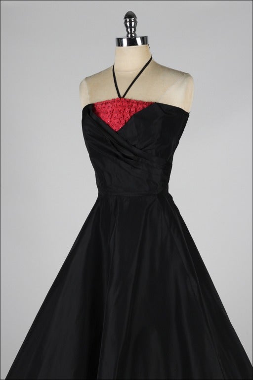 Vintage 1950's Black Taffeta Red Rhinestone Flowers Cocktail Dress 1