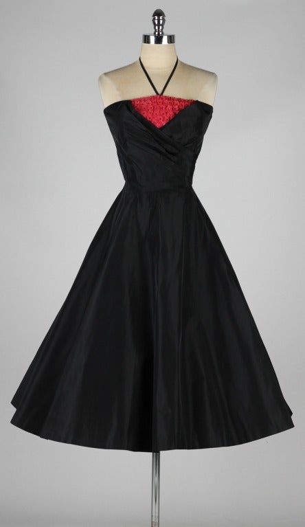 Vintage 1950's Black Taffeta Red Rhinestone Flowers Cocktail Dress 4