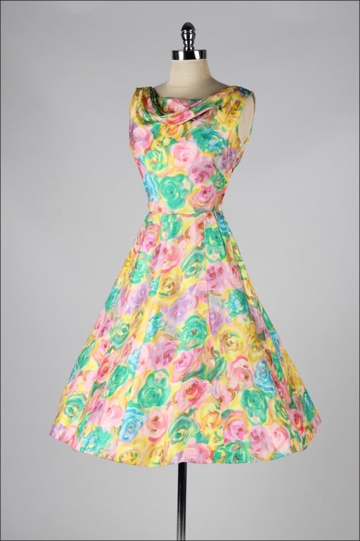 Vintage 1950's Henri Bendel Pastel Silk Floral Dress 1