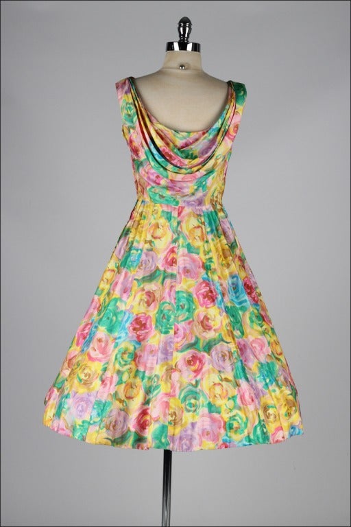 Vintage 1950's Henri Bendel Pastel Silk Floral Dress 2