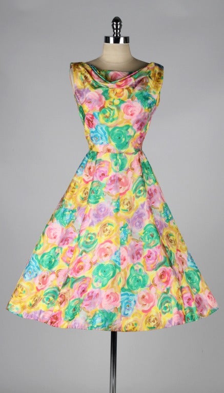 Vintage 1950's Henri Bendel Pastel Silk Floral Dress 3