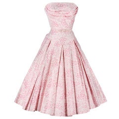 Vintage 1950's Pink Floral Polished Cotton Dress