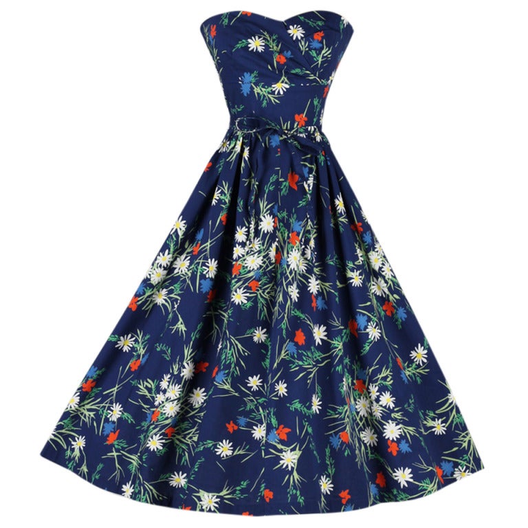 Vintage 1950's Jeannette Alexander Floral Cotton Dress at 1stDibs