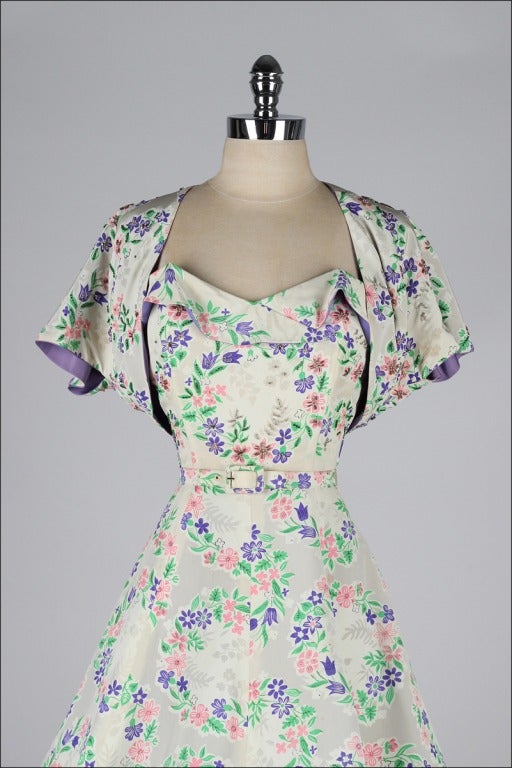 Vintage 1950's Milton Saunders Silk Floral Beaded Dress & Bolero In Excellent Condition In Hudson on the Saint Croix, WI