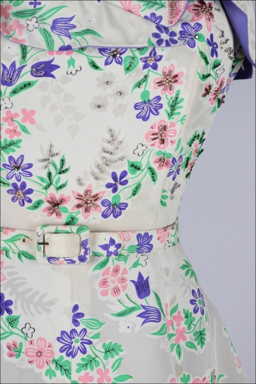 Vintage 1950's Milton Saunders Silk Floral Beaded Dress & Bolero 1