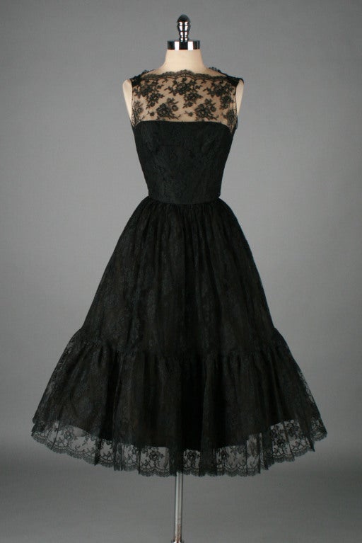 Vintage 1950's Lee Claire Black Lace Cocktail Dress at 1stDibs