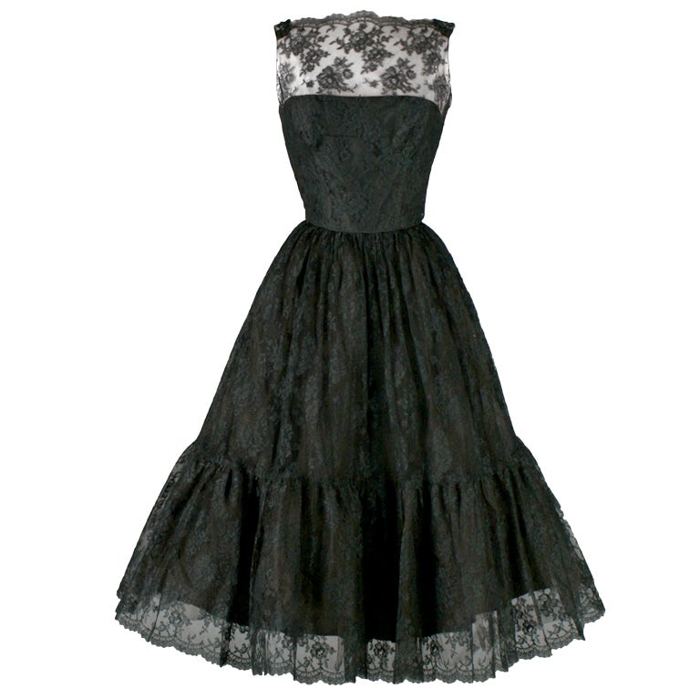 Vintage 1950's Lee Claire Black Lace Cocktail Dress