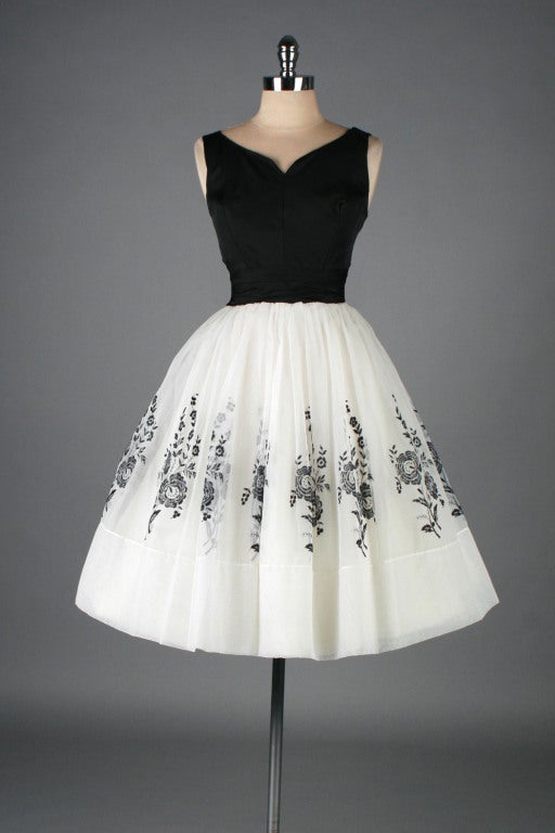 Vintage 1950's White Chiffon Flocked Floral Cocktail Dress at 1stdibs