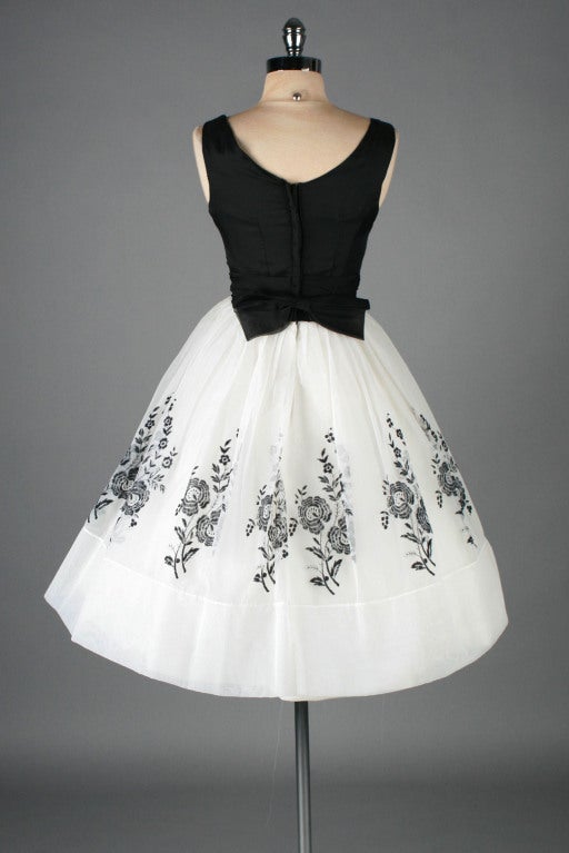 Vintage 1950's White Chiffon Flocked Floral Cocktail Dress 5