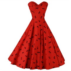 Vintage 1950's Red Black Flocked Poodle Strapless Cocktail Dress