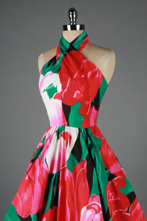 Vintage 1980's Victor Costa Twisted Halter Tulip Print Dress For Sale 2