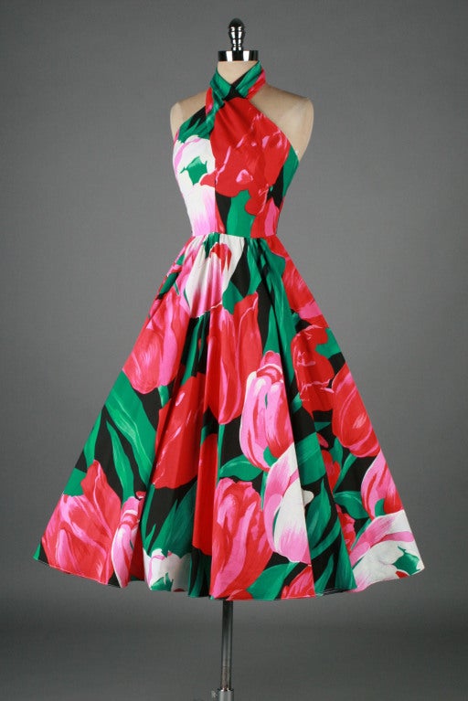 Vintage 1980's Victor Costa Twisted Halter Tulip Print Dress For Sale 3