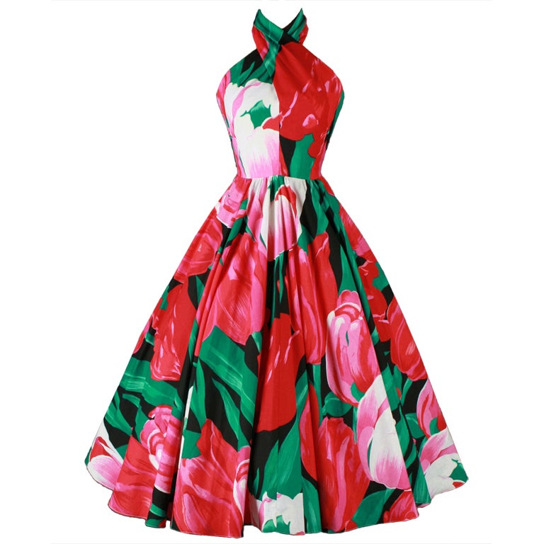 Vintage 1980's Victor Costa Twisted Halter Tulip Print Dress For Sale
