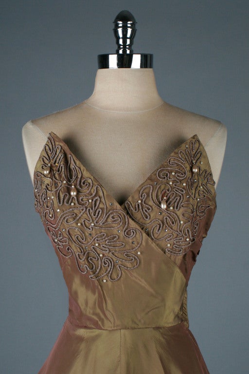 Vintage 1950's Bronze Emma Domb Beaded Dress with Bolero In Excellent Condition In Hudson on the Saint Croix, WI