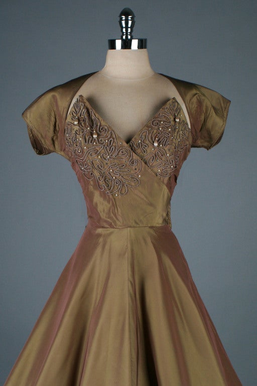Women's Vintage 1950's Bronze Emma Domb Beaded Dress with Bolero