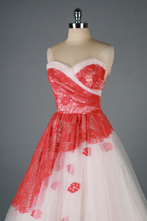 Vintage 1950's Pink Tulle Flower Appliques Cocktail Dress 2
