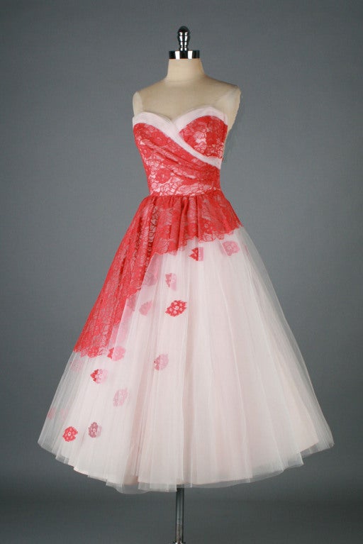Vintage 1950's Pink Tulle Flower Appliques Cocktail Dress 3