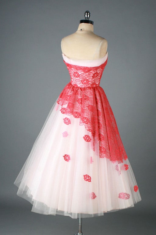 Vintage 1950's Pink Tulle Flower Appliques Cocktail Dress 5