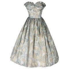 1950's Whimsical Metallic Swirls Strapless Evening Dress