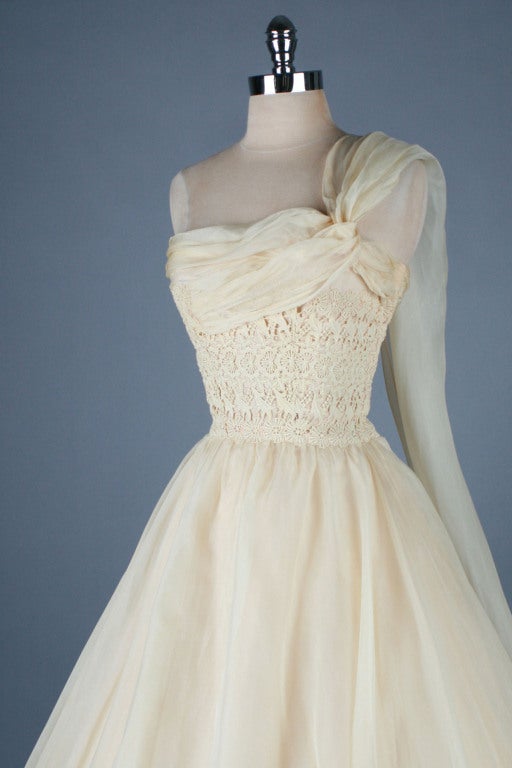 Vintage 1950's One Shoulder Organza Wedding Dress 1