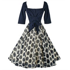 Vintage 1950
s Linen Crepe Polka Dot Cocktail Dress