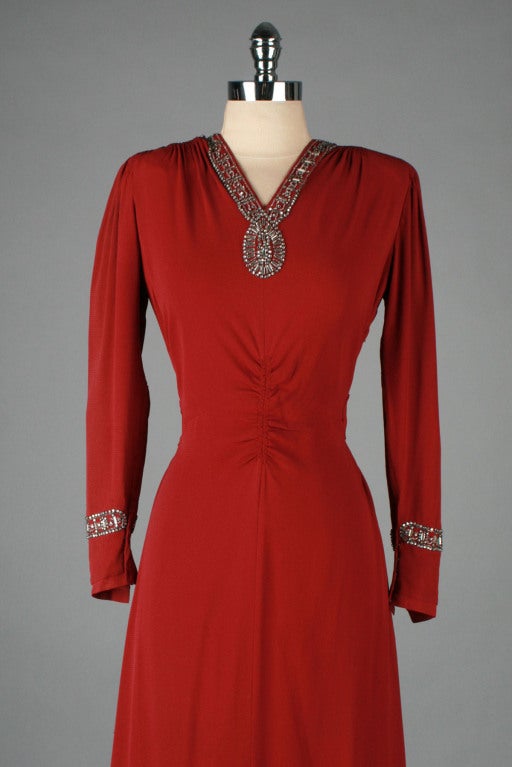 Women's Vintage 1940's Cranberry Crepe Rhinestone Gown