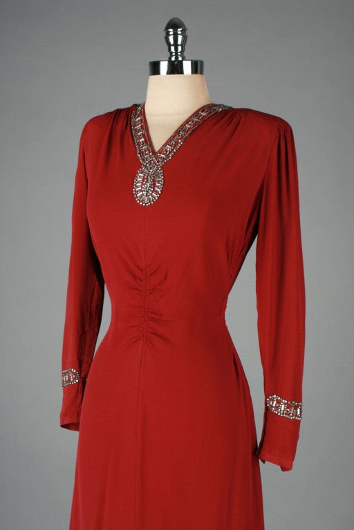 Vintage 1940's Cranberry Crepe Rhinestone Gown 2