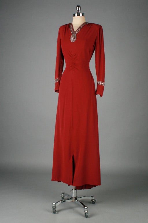 Vintage 1940's Cranberry Crepe Rhinestone Gown 3