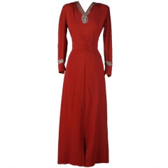 Vintage 1940's Cranberry Crepe Rhinestone Gown