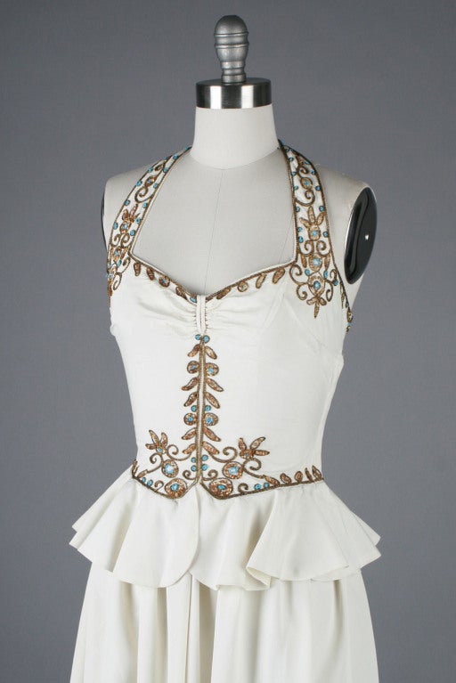 Vintage 1930s Ivory Beaded Halter Gown 1