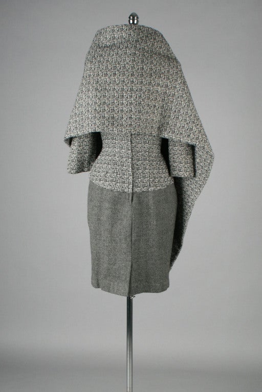 1950's Mr. Blackwell Wool Dress Matching Asymmetrical Cape 5