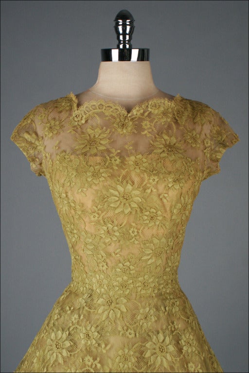 Vintage 1950's Celery Green Floral Lace Cocktail Dress