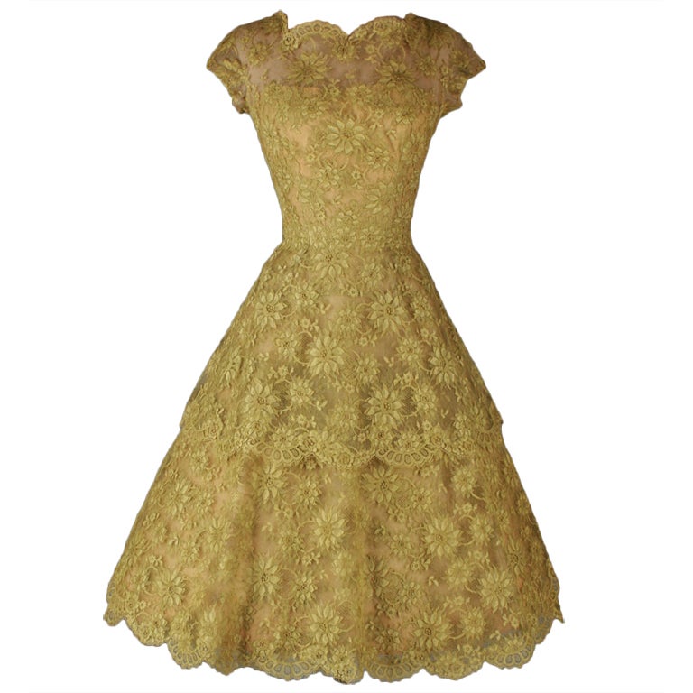 Vintage 1950's Celery Green Floral Lace Cocktail Dress at 1stDibs