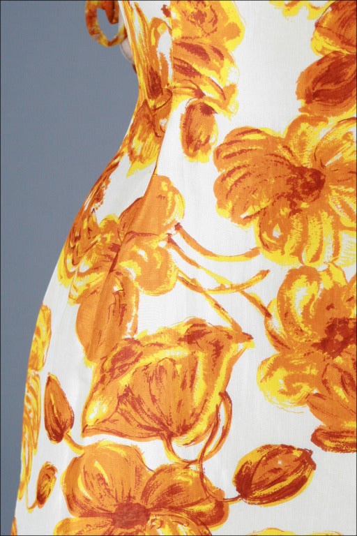 Vintage 1950's Anita Modes Orange Floral Fringe Collar Dress In Excellent Condition In Hudson on the Saint Croix, WI