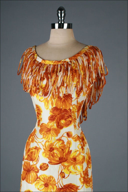 Vintage 1950's Anita Modes Orange Floral Fringe Collar Dress 1