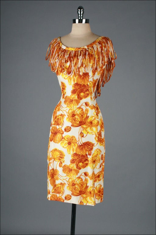 Vintage 1950's Anita Modes Orange Floral Fringe Collar Dress 2