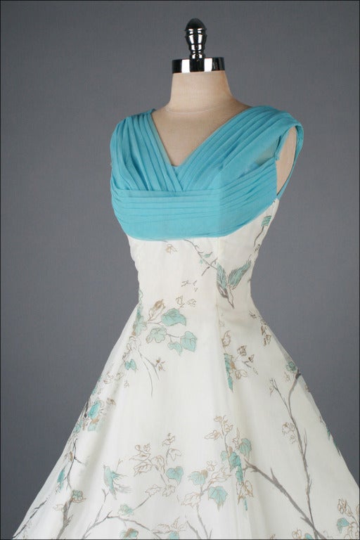 Vintage 1950's White Chiffon Bird Print Cocktail Dress 2