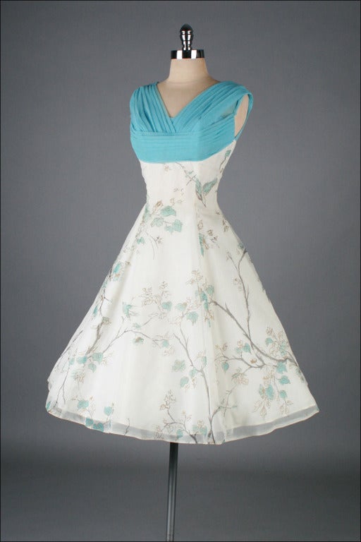 Vintage 1950's White Chiffon Bird Print Cocktail Dress 3