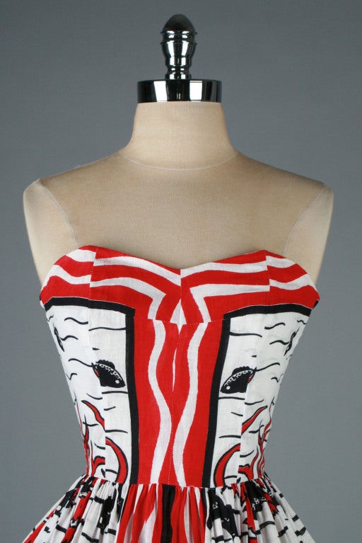 Women's 1950's Mademoiselle Sea Life Novelty Print Strapless Linen Dress